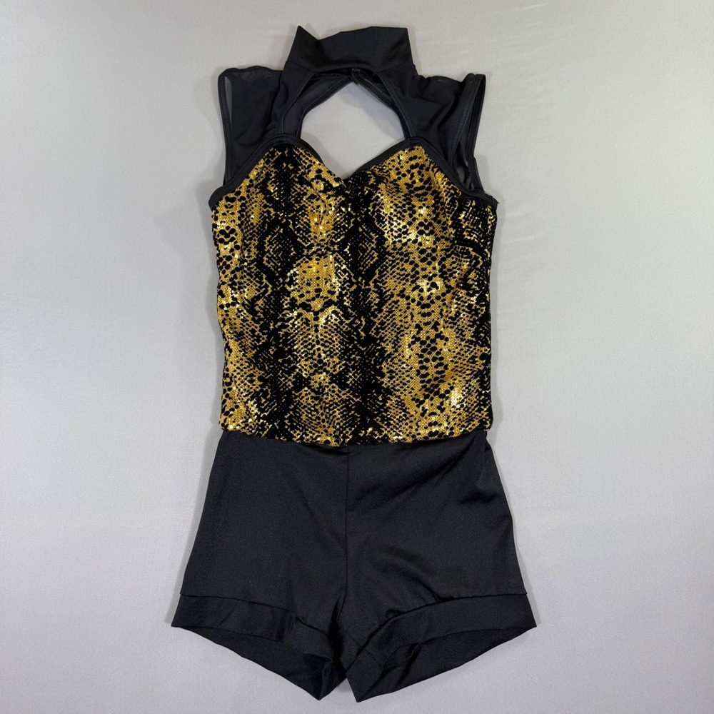 Weissman Kids Gold Sequin Snakeskin Dance Biketard Mock Neck 13645 Size SA